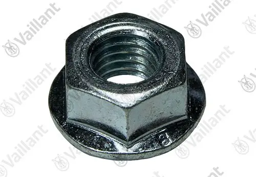 Vaillant Sechskantmutter mit einer geflanschten Unterseite und Innengewinde, metallisch glänzend, auf hellem Hintergrund.
